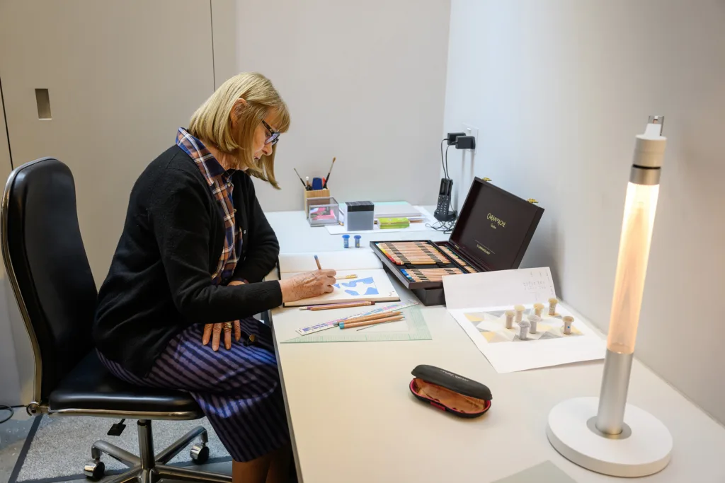 Carpet Designer Deirdre Dyson at work in her London gallery