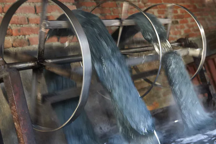 Yarn being custom dyed for a Deirdre Dyson hand knotted rug