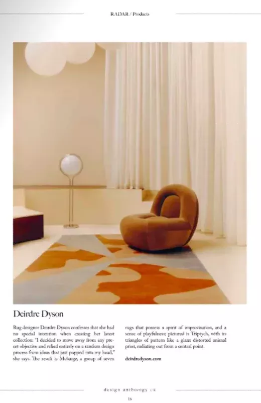 Design Anthology Magazine Spring 2026 featuring Deirdre Dyson's custom hand knotted rug TRIPTYCH