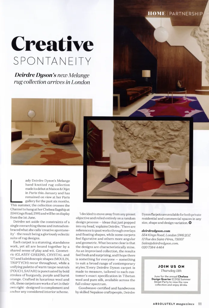 Absolutely magazine featuring Deirdre Dyson's Melange rug collection