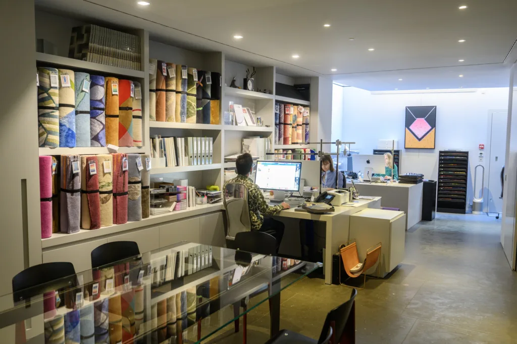 Deirdre Dyson's studio space featuring some of the wide selection of 60 x 90 samples we can loan