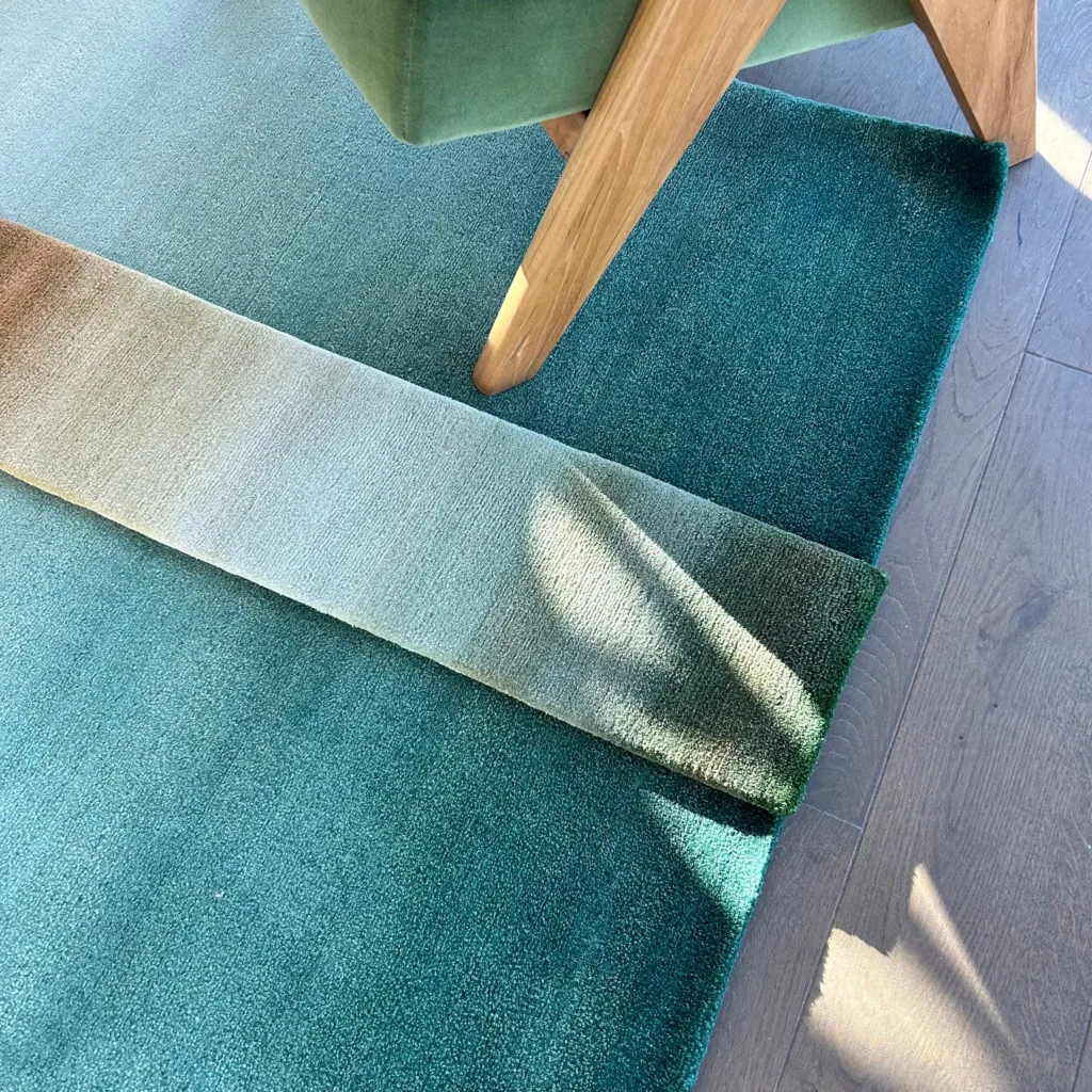 A custom graded sample of Deirdre Dyson's CASSATA hand knotted rug