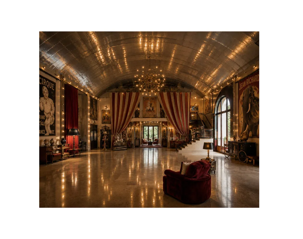 Grand circus foyer with vintage decor inspired by Deridre Dyson's hand knotted carpets