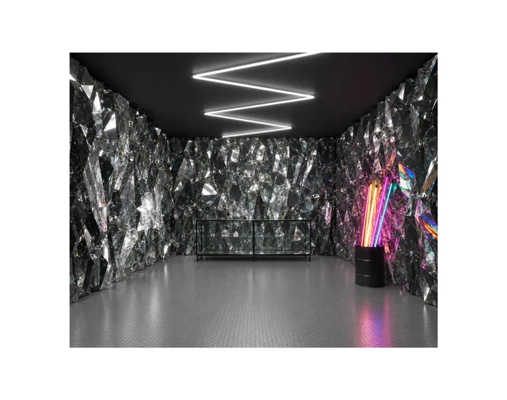 Futuristic crystal gallery with neon accents inspired by Deirdre Dyson hand knotted carpets
