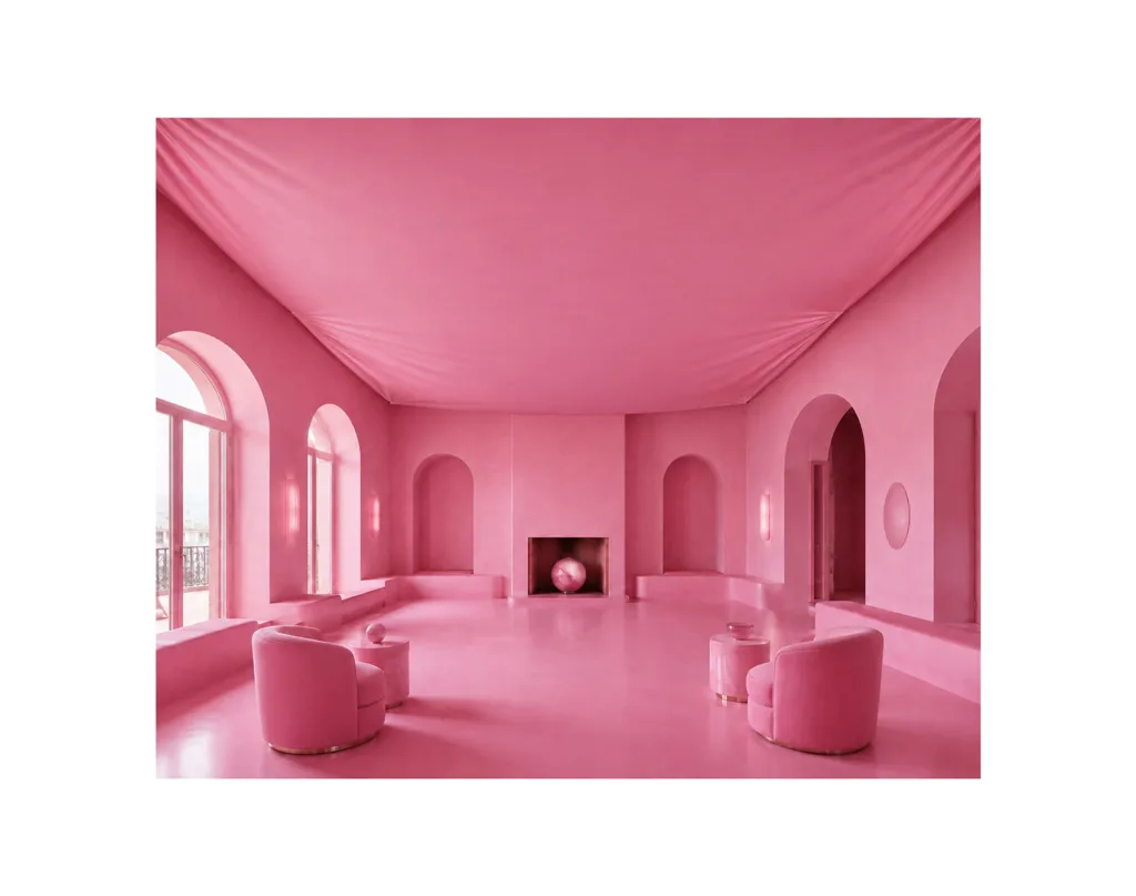 Tensioned Pink Canopied Lounge AI generated image based on Deirdre Dyson's hand knotted carpets